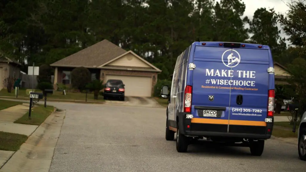 A truck of a professional roofing company in mobile alabama, carrying step flashing