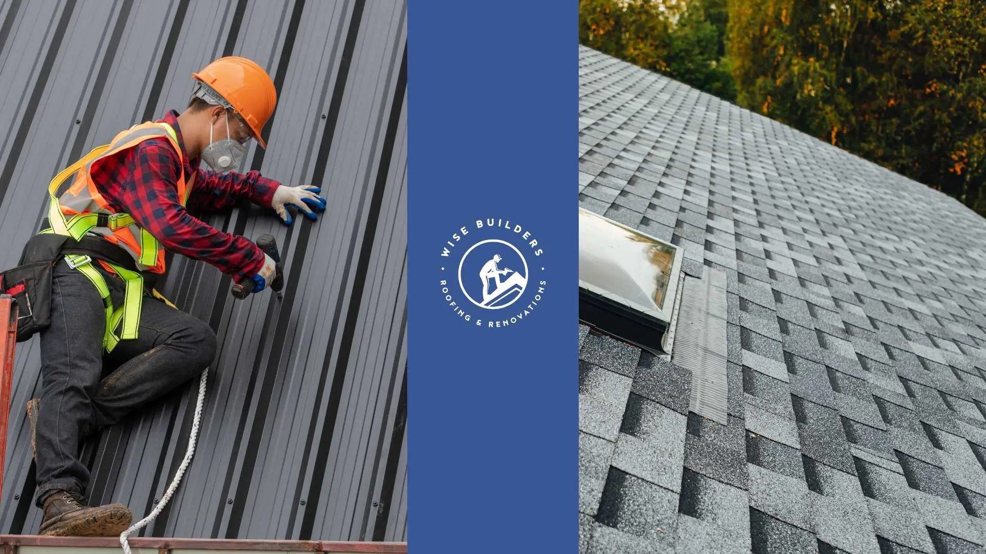 a roofer installing a metal roof next to a home with asphalt shingles
