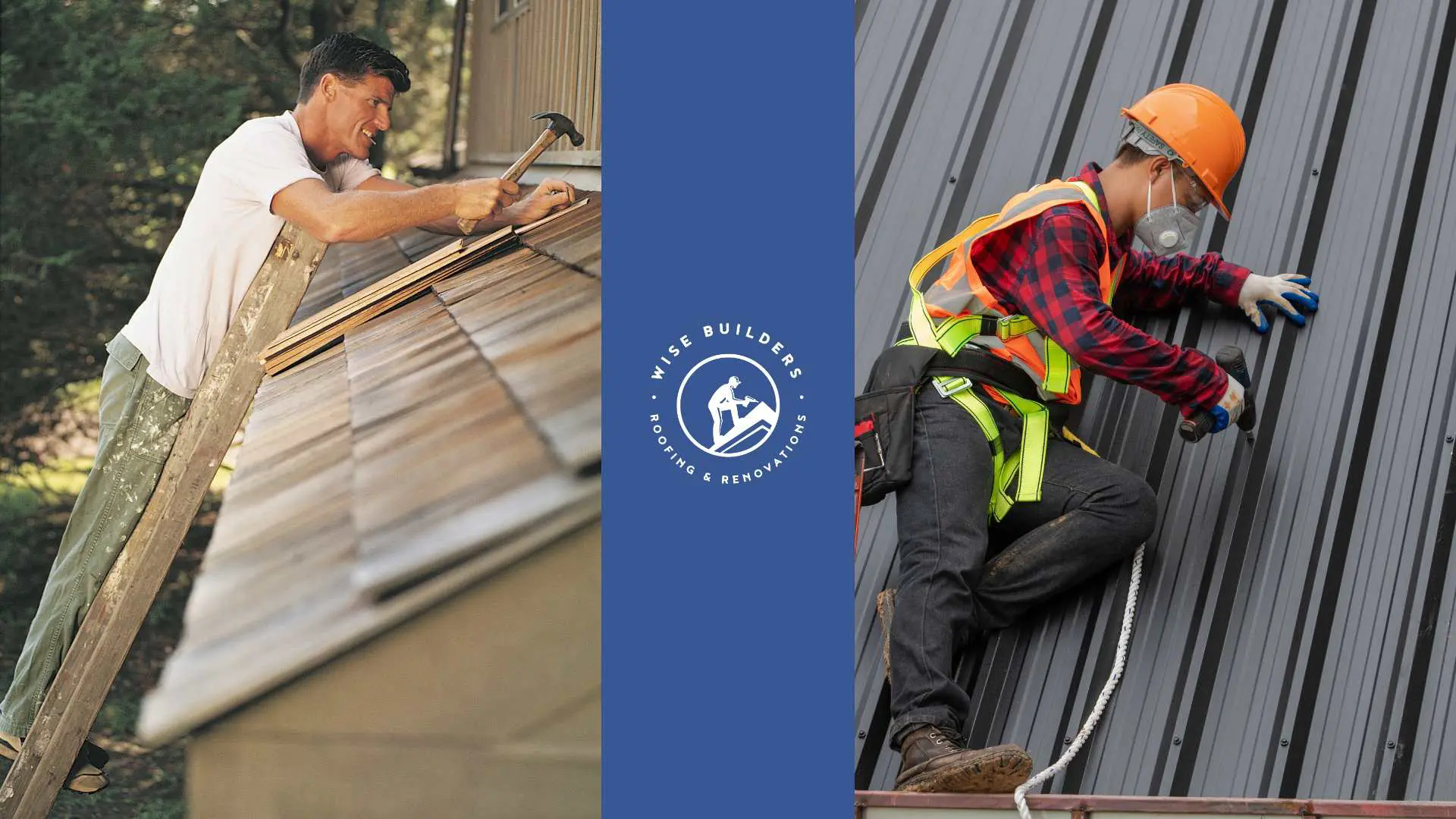a homeowner doing diy roof work next to a professional roofer