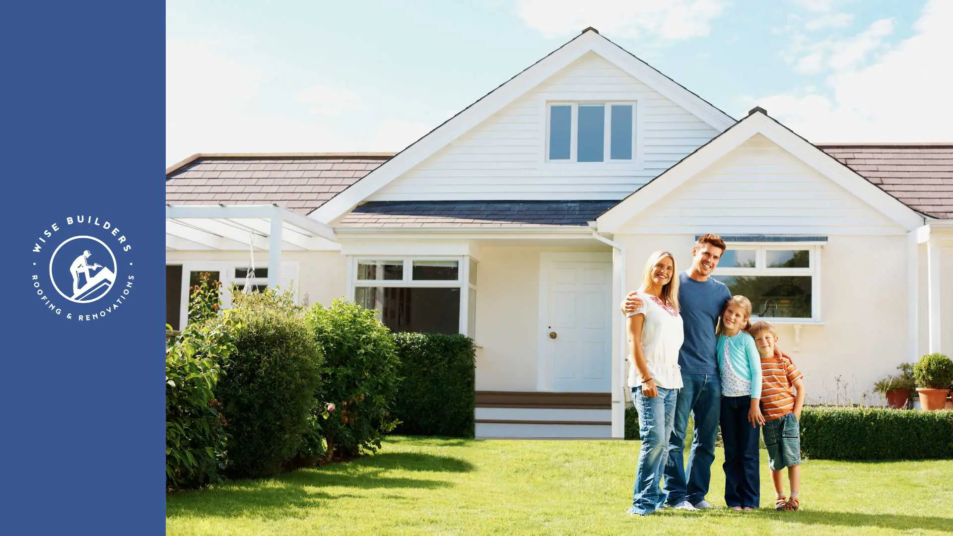 a family standing in front of a asphalt shingle roofing