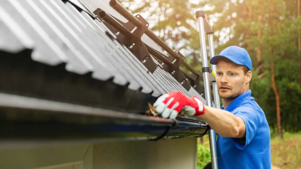 cleaning gutters next to a home's roof