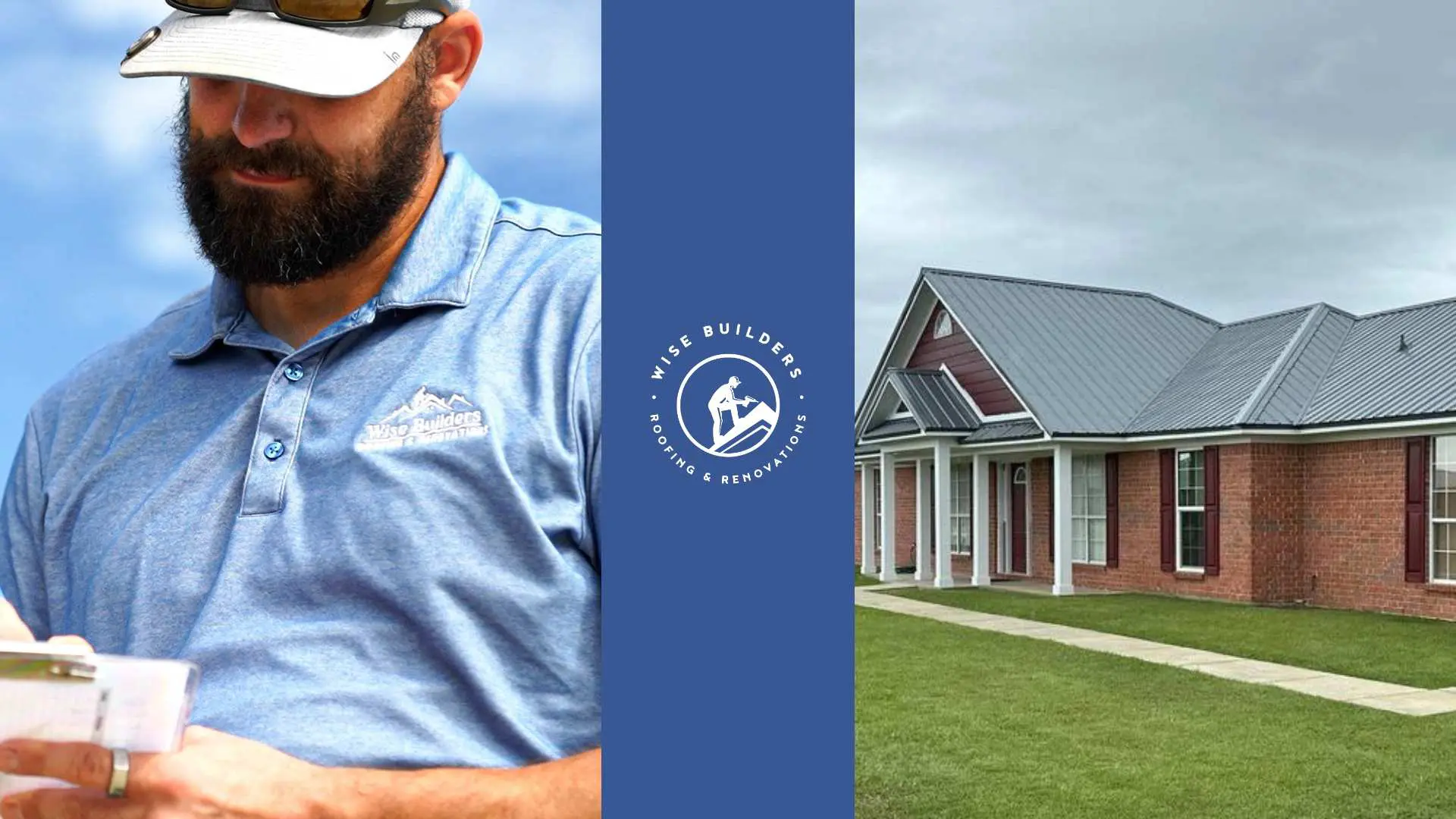 an image split with a blue line down the middle and the wise builders logo. On the right is a metal roofing project manager from wise builders and a new metal roof installed by wise builders on the right
