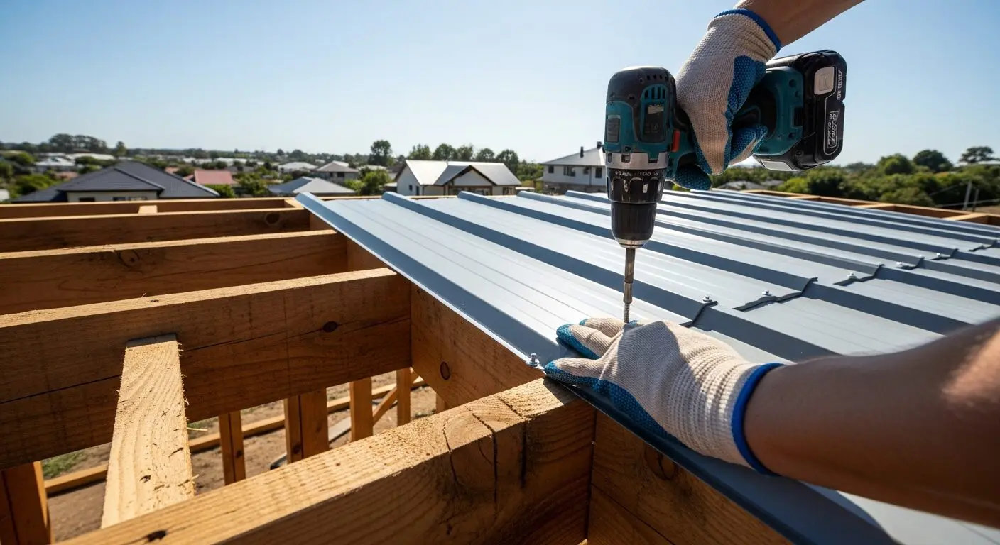 Hands installing metal roofing