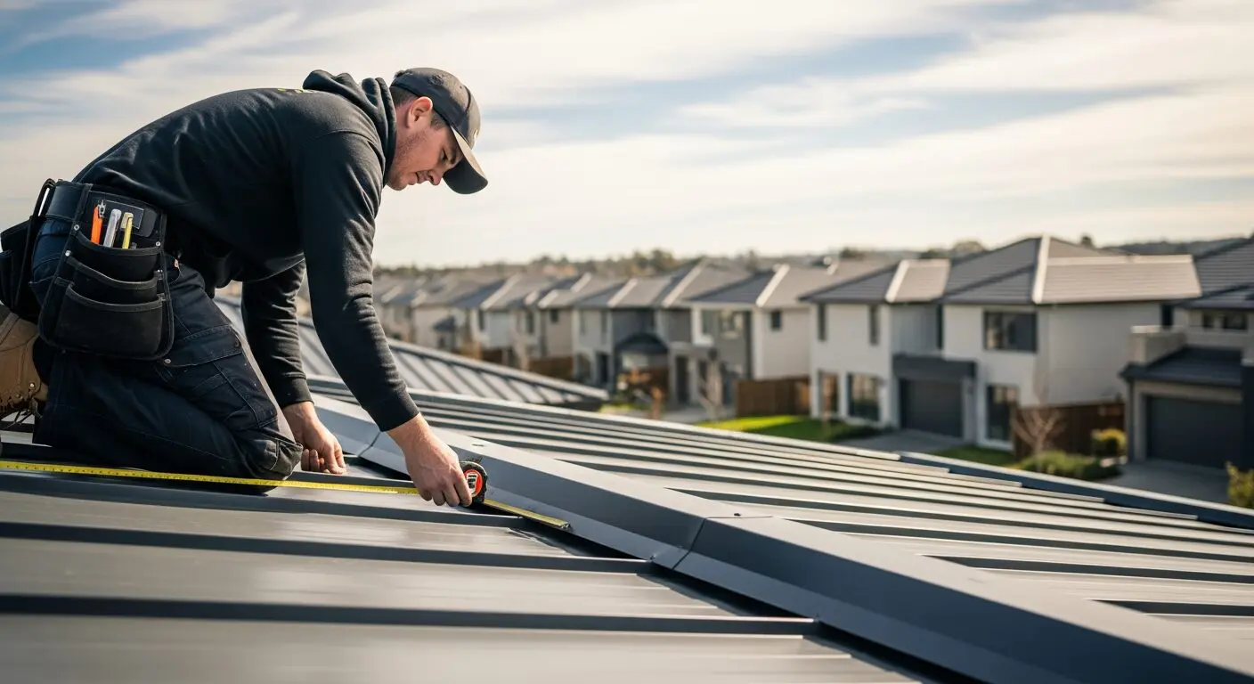 Roofer measuring metal roof panel
