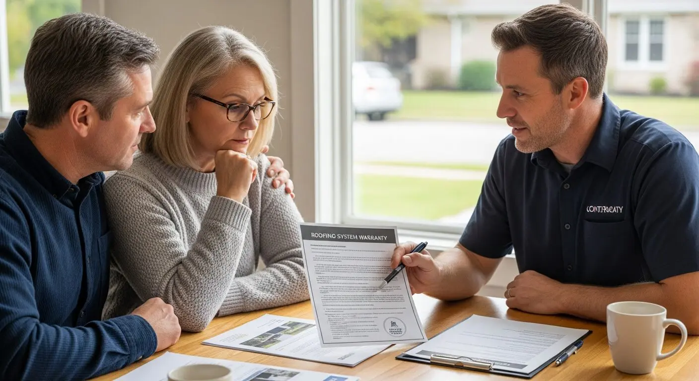 roofer showing warranty to family