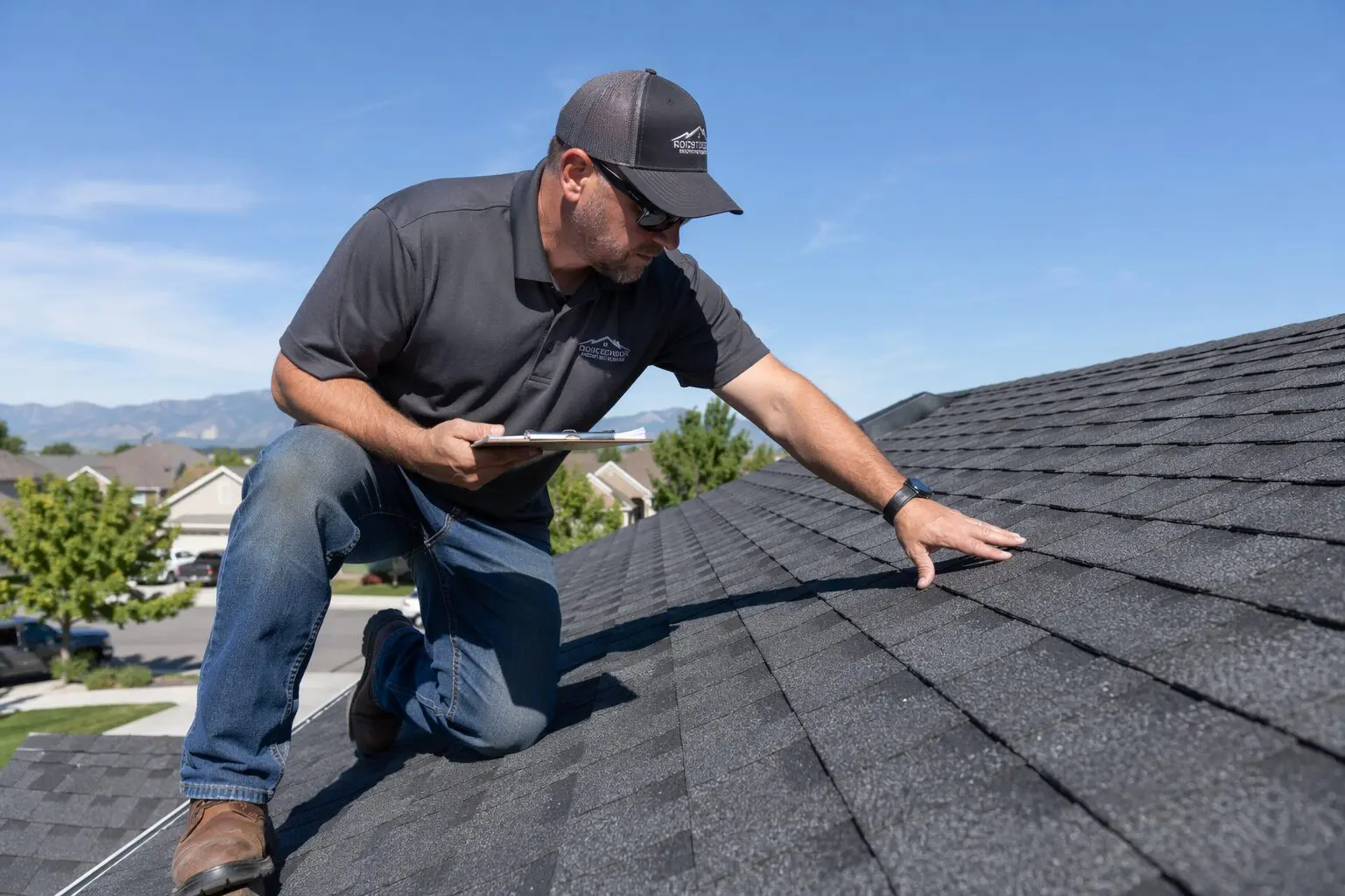 Roofer inspecting roof shingles