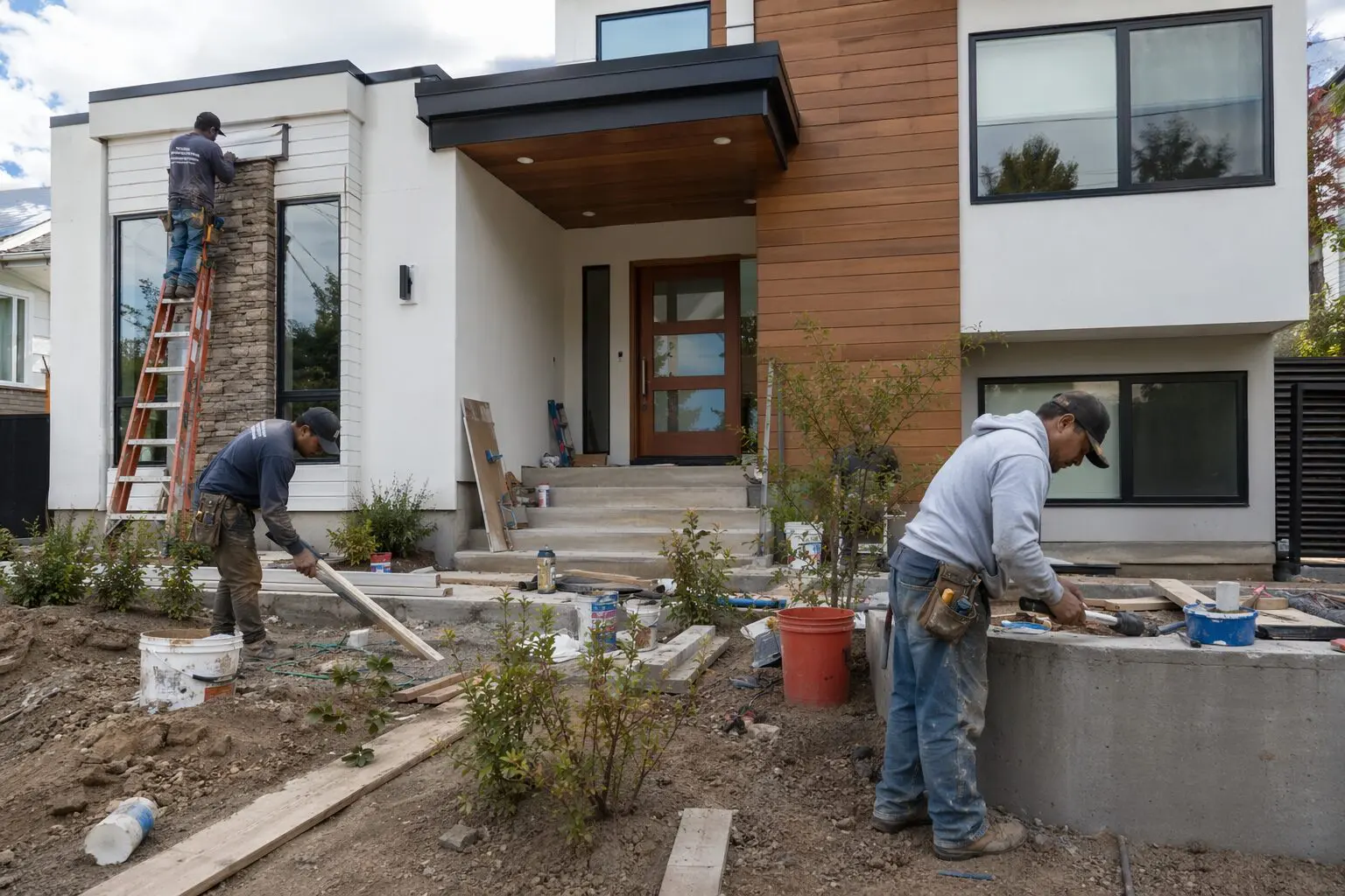 Crew renovating modern home exterior