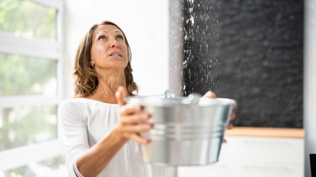 a homeowner catching water in a bucket as it falls from the location of the leak