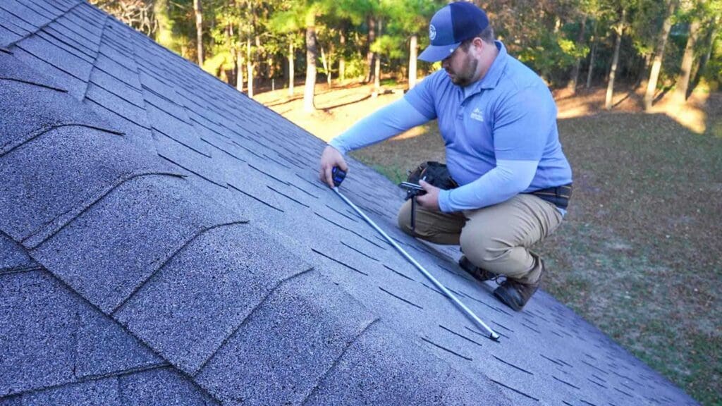 a roofer from wise builders roofing and renovations measuring an asphalt shingle