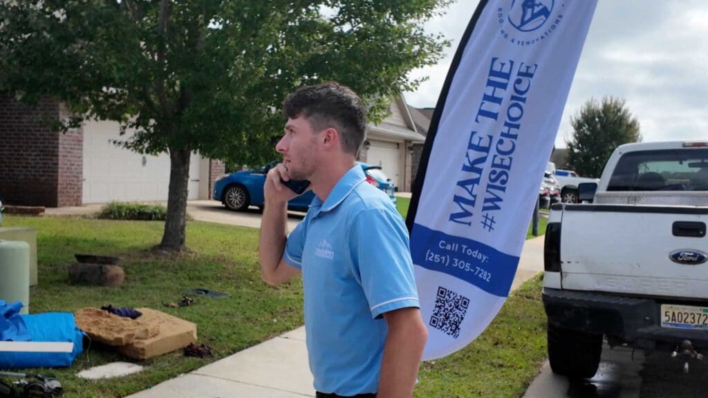 a project manager from the roofing company Wise builders roofing and renovations on the phone with a metal roof customer